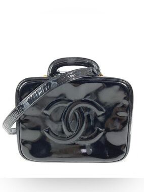 CHANEL Black Patent Leather Crossbody Camera Bag with CC Emblem